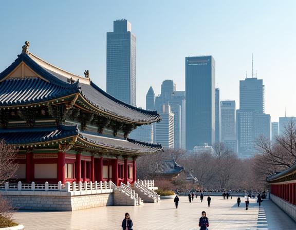 서울의 현대적인 스카이라인에 경복궁이 대비되는 모습