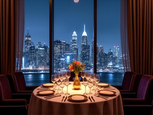 도시 스카이라인이 내려다보이는 고급스러운 프라이빗 다이닝 공간